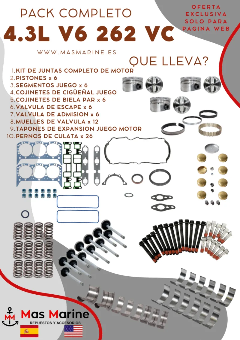 Kit reparación motor completo Mercruiser Volvo Gm 4.3 L V6 262 CID Vortec