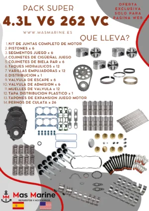 Kit reparación motor super completo Mercruiser Volvo GM 4.3 L V6 262 CID Vortec