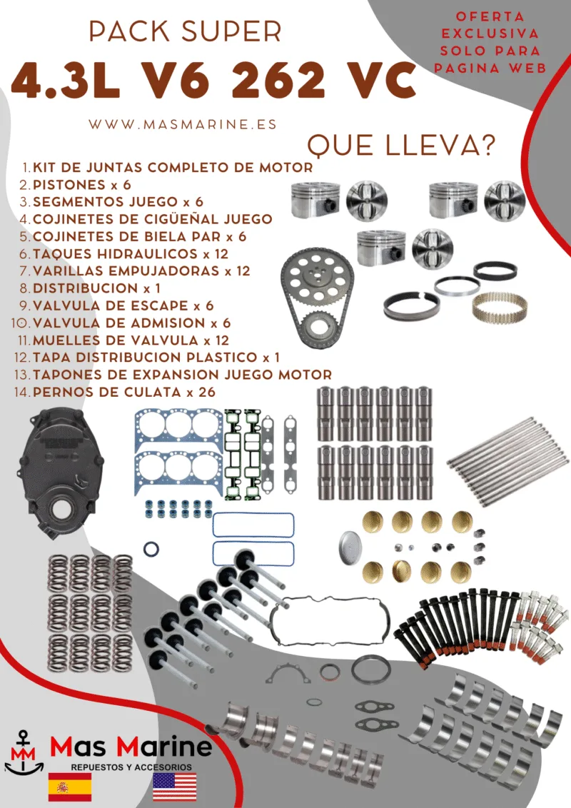 Kit reparación motor super completo Mercruiser Volvo GM 4.3 L V6 262 CID Vortec