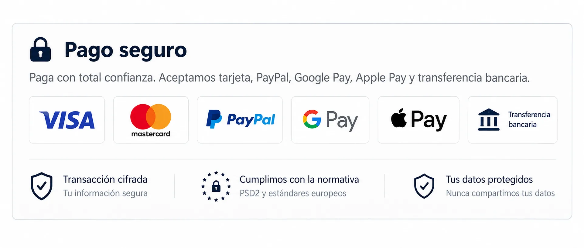 Pago seguro en Mas Marine - Visa, Mastercard, PayPal, Google Pay, Apple Pay y transferencia bancaria